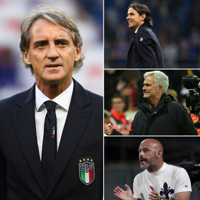 Da una parte il ct Mancini e dall'altra Inzaghi, Mourinho e Italiano che hanno condotto i rispettivi club in finale
